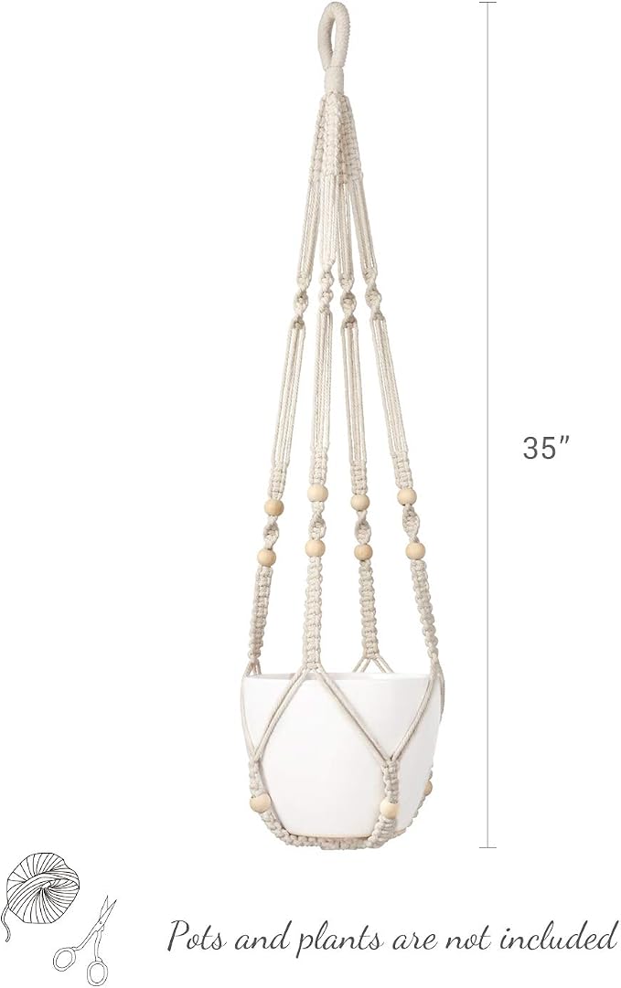 Mkono Macrame Plant Hanger Indoor 35 Inch Hanging Planter Basket Ivory 2Pcs | - Image 6