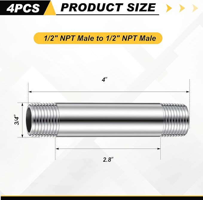 4 Pcs 304 Stainless Steel Pipe Fittings 1/2" NPT x 1/2" NPT Male Threaded 4" - Image 2