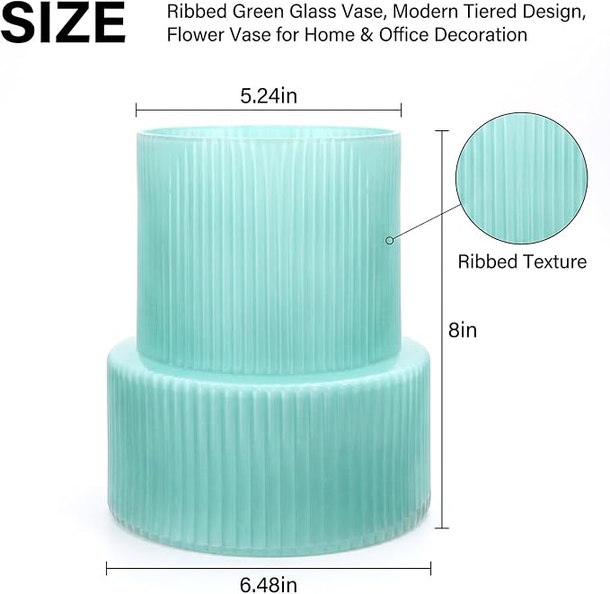 Green Ribbed Glass Vase, Modern Design Flower Vase | Home Decor - Image 2