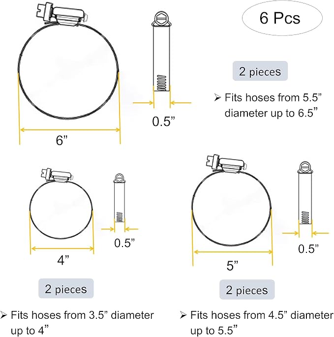 4" 5” 6" Adjustable 304 Stainless Steel Duct Clamps | Hose Clamps Assortment Kit - Image 4