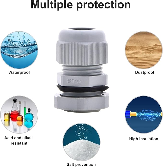 AnRui 25Pcs Waterproof NPT Cable Glands 1/2” Grey Nylon Adjustable Cable Gland - Image 6