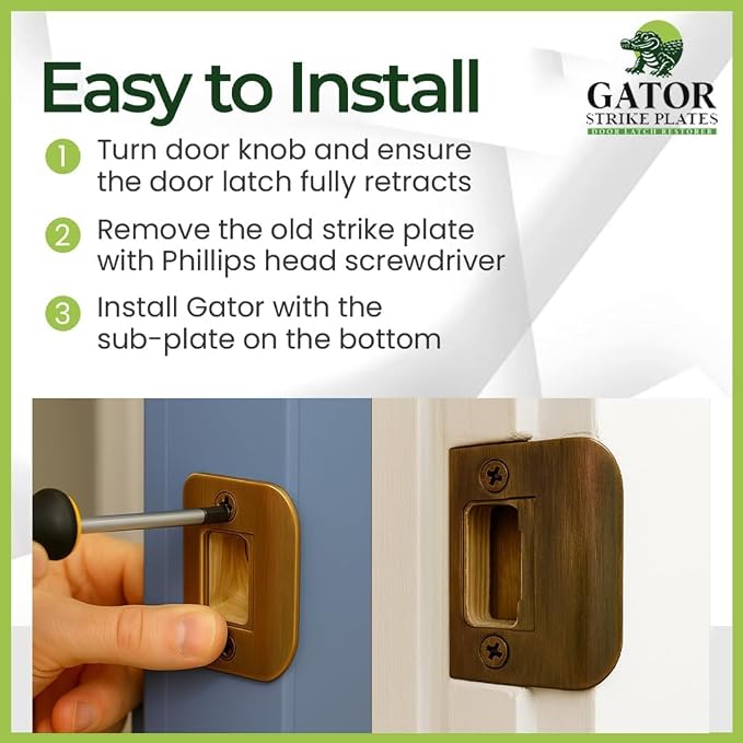 Gator Door Strike Plate 2-1/4" Latch Restorer, No Chiseling, 2-1/4" x 1-3/4" - Image 3
