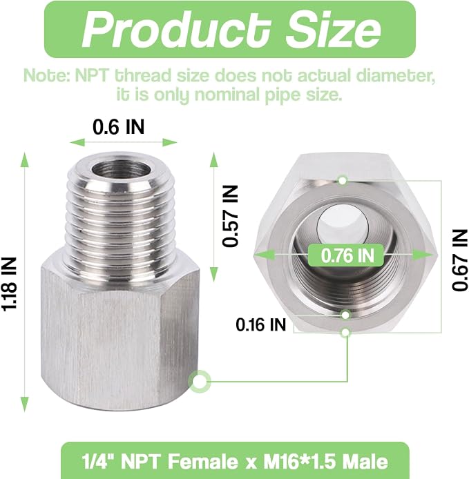 Stainless Steel 304 1/4" NPT Female x M16*1.5 Male Pipe Adapter 1pc - Image 5