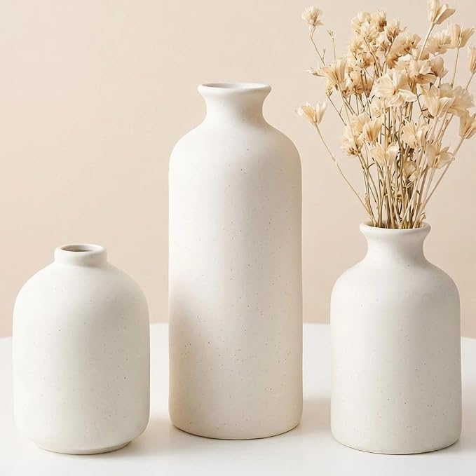 Small Beige Ceramic Vase Set of 3, Modern Boho Farmhouse Flowers Vases | by Veklray