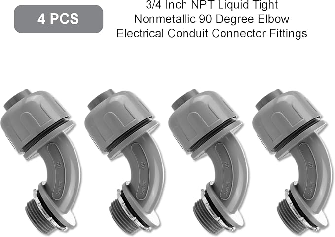 4-Pack 3/4 Inch NPT Liquid Tight PVC 90 Degree Conduit Connectors | elbow angle - Image 4