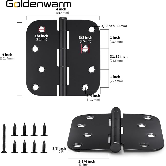goldenwarm Pack of 3 Matte Black Heavy Duty Iron Door Hinges, 4 Inch x 4 Inch - Image 2