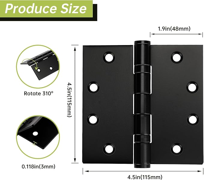 6 Pack Black Door Hinges 4.5 x 4.5 Inches, Heavy Duty Stainless Steel Ball - Image 2