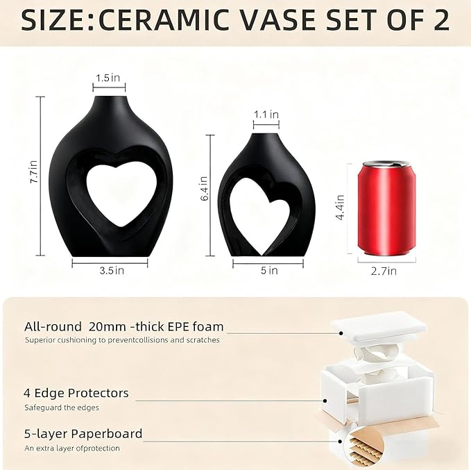 Black Ceramic Flower Vases Home Decor Heart Shaped Vase Set of 2 | Nordic Heart - Image 2