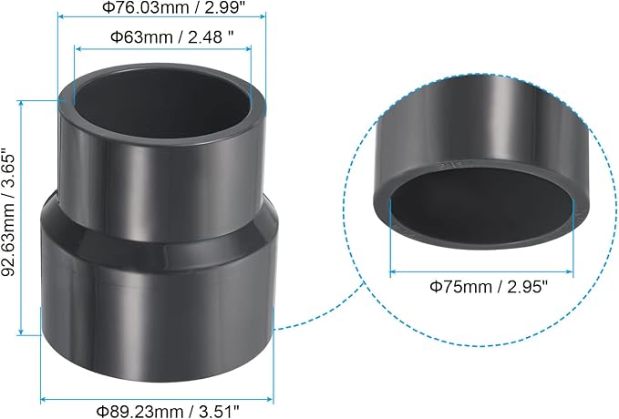 PATIKIL PVC Reducer Pipe Fitting 63mmx75mm ID Socket, Straight Coupling Adapter - Image 2