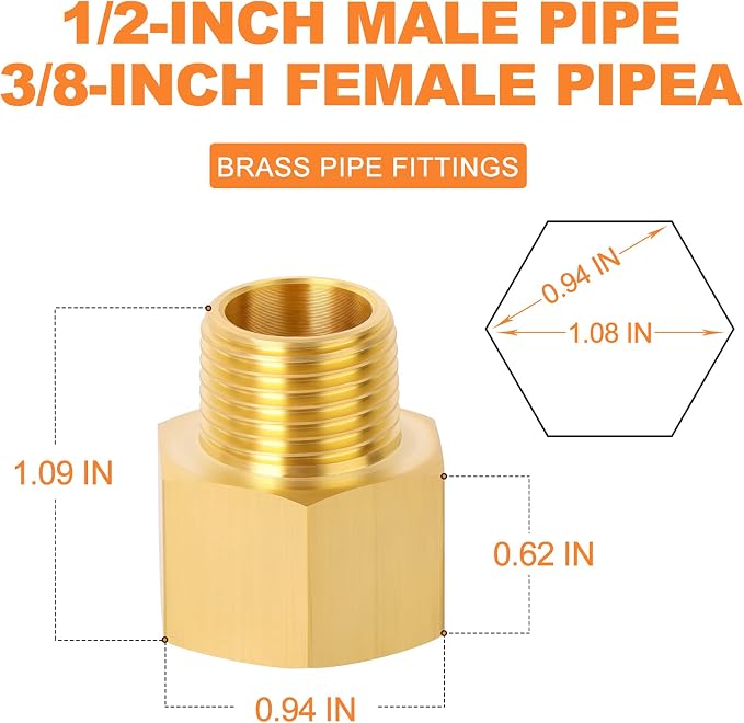 GASHER 5PCS Brass Pipe Fitting, 3/8-Inch Male Pipe x 1/2-Inch Female Pipe - Image 4