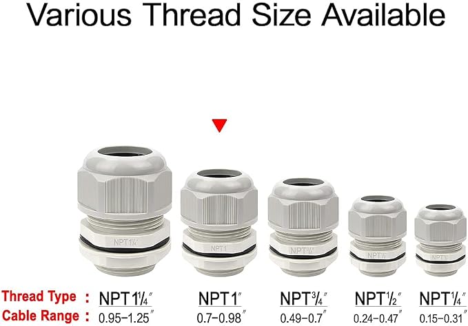 5 Pack NPT 1" Cable Glands Waterproof Adjustable 18-25mm Cable Connectors Grey - Image 5