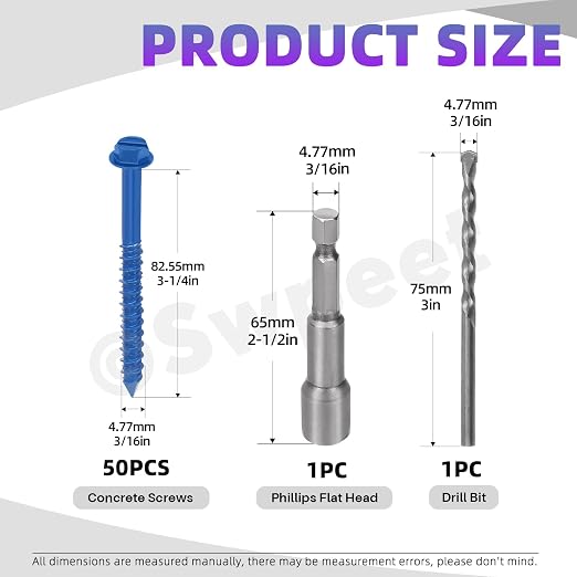 Swpeet 52Pcs 3/16" x 3-1/4" Slotted Hex Washer Head Concrete Screws Anchor - Image 2