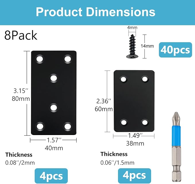 QSJ 8 Pack Black Flat Mending Plate 3.15x1.57‘’ & 2.36x1.49'', Stainless Steel - Image 2