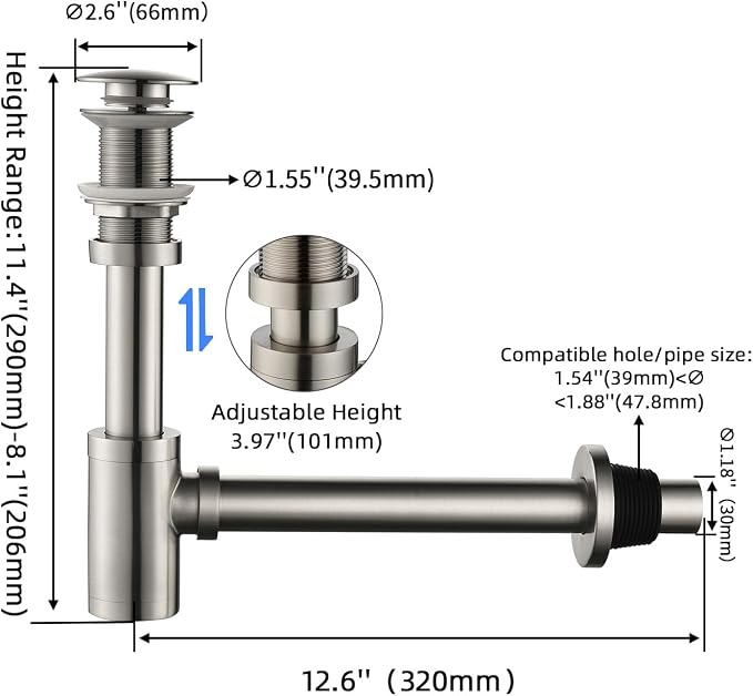 Bathroom Sink Stopper P-Trap Complete Set Adjustable 1-1/4 Bottle Trap Solid - Image 3