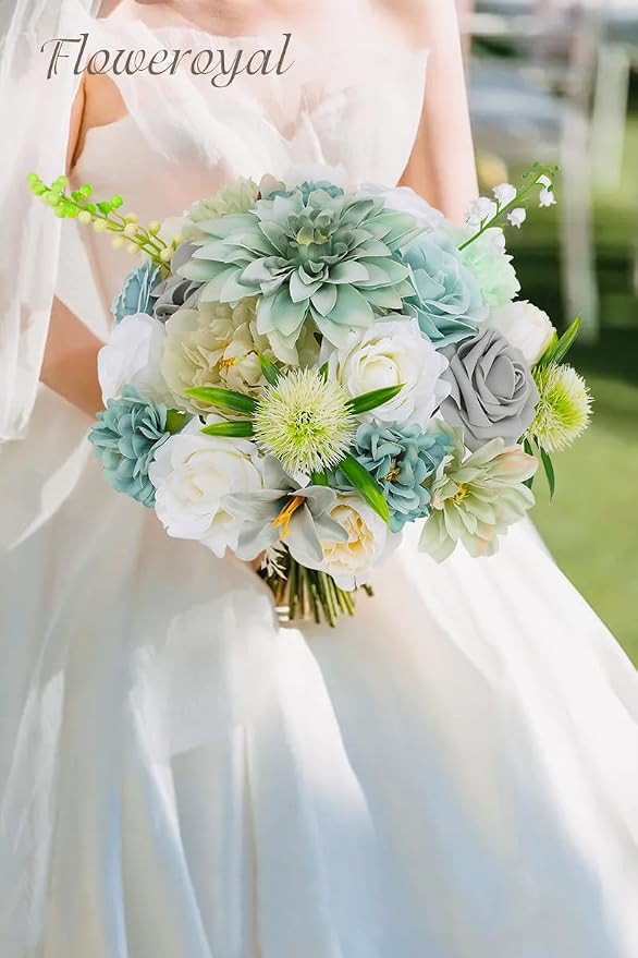 Artificial Flowers Combo Teal Blue Flowers Mix Silk Flowers Dahlia Roses - Image 7
