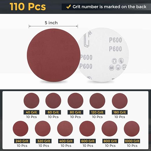 HARFINGTON 110Pcs 5Inch Sanding Disc Hook & Loop Sandpaper Aluminum Oxide | - Image 2
