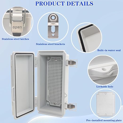 Waterproof Electrical Box, IP67 Junction Box Stainless Steel Latch Hinged Grey - Image 3