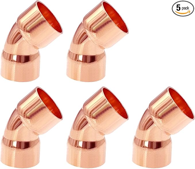 5 Pack 1" C x C Copper 45 Degree Elbow, Sweat Solder Pipe Fitting | Premium by BesNPT