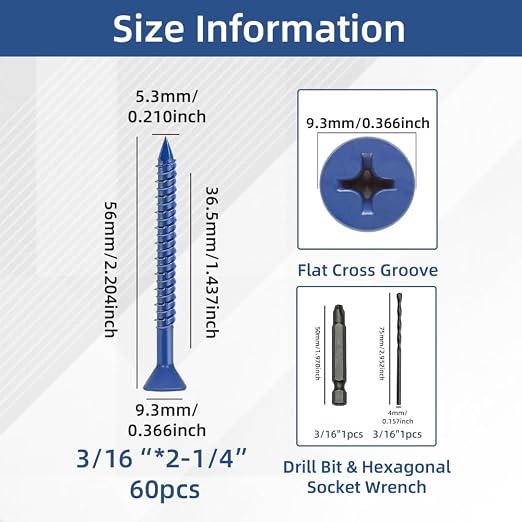 60Pcs 3/16" x2-1/4” Concrete Screws - Image 2
