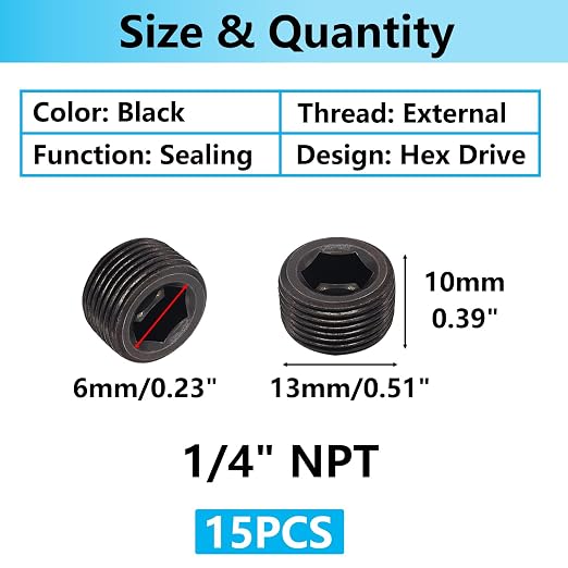 13PCS 1/4"NPT Male Pipe Plug Fitting Black Carbon Steel Pipe Plug Set Internal - Image 2