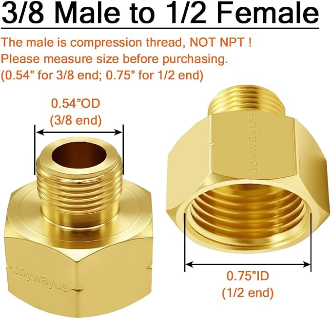 Joywayus 1/2 NPT Female to 3/8 Compression Male Thread Pipe Fitting, Brass - Image 2