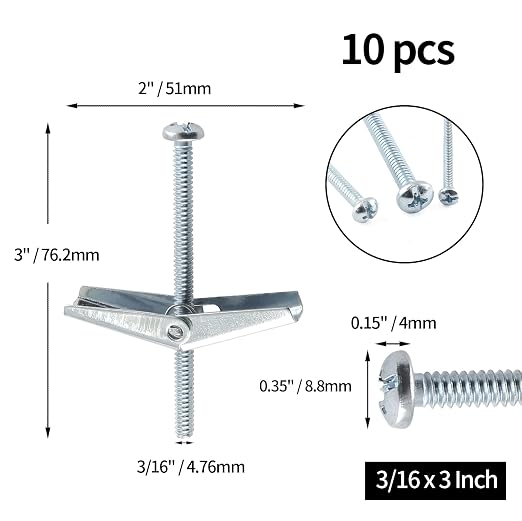 3/16 x 3 Inch Round Head Toggle Bolt and Wing Nut, Wall Anchor Bolts, Molly - Image 4