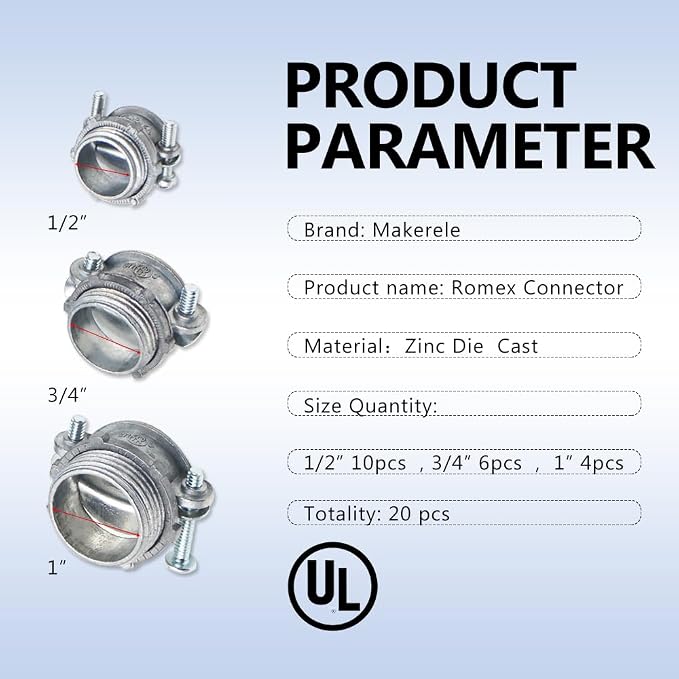 MAKERELE 20-Piece Multi-Size Romex Connector Kit Clamp Type Cable Connector | - Image 3