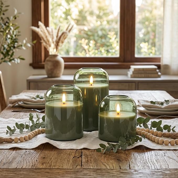 Mid Century Modern Home Decor, Olive Green Glass Flameless Pillar Candles | - Image 6