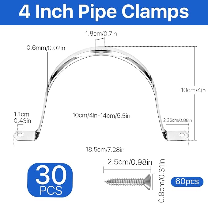 30 Pcs 4 Inch Pipe Strap Clamp, Reinforced M110 Stainless Steel Conduit Clamps - Image 2