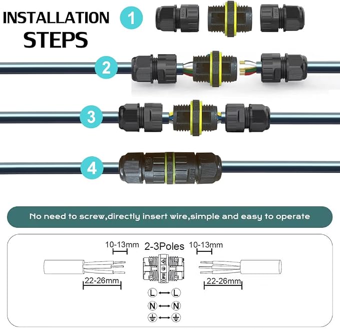 IP68 Waterproof 2 Way 2 Pin Junction Box Electrical Cable Connector, 5 Pack 24A - Image 2