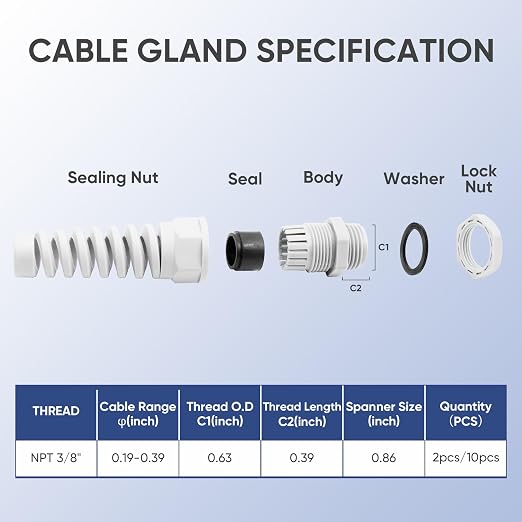 Strain Relief Cord Connector, LISTENJIALE 10Pcs NPT 3/8" Waterproof Cable Gland - Image 2