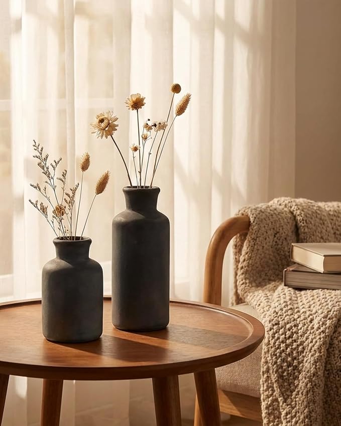 Black Ceramic Vase Set of 3, Vintage Brushed Gold Effect - Image 6