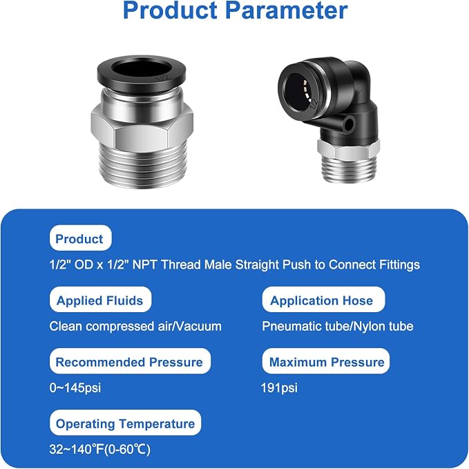 CNAODUN 12 Pcs Push to Connect Fittings 1/2 Inch Tube OD x 1/2 Inch NPT Thread - Image 2