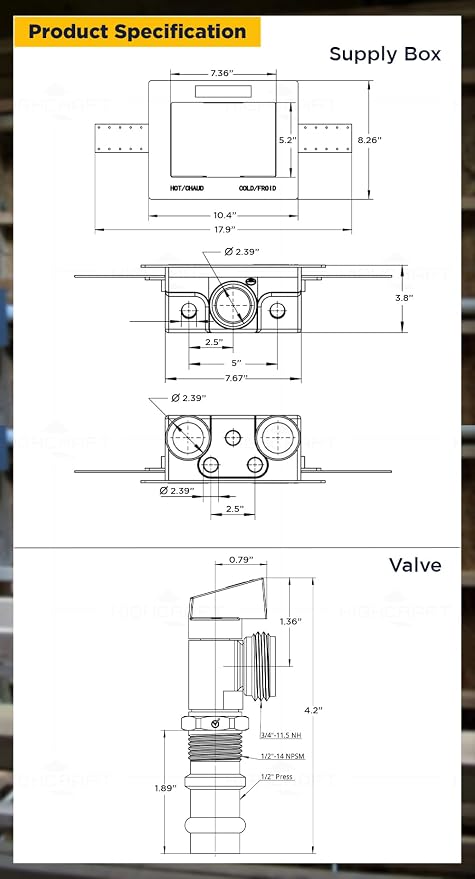 Highcraft Washing Machine Outlet Box Dual Drain, 1/2" Press Connection Valve - Image 2