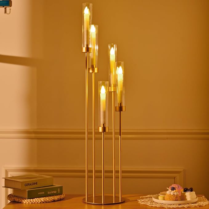 5 Arm Candelabra with Acrylic Lampshade Set of 4 Gold Candelabra - Image 9