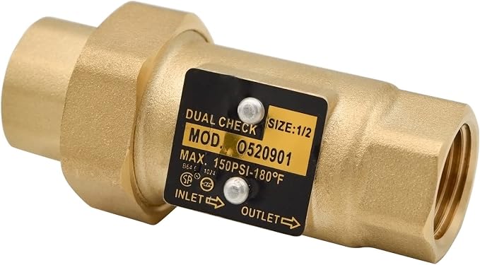 Brass Dual Check Valve, 1/2" FNPT, Solid Brass, Max 150PSI-180°F - Image 2