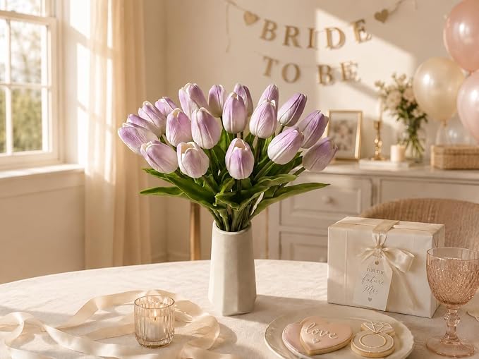 Mandy's 20pcs Artificial Light Purple Tulips | 13.5 Inch Lifelike PU Tulips - Image 5