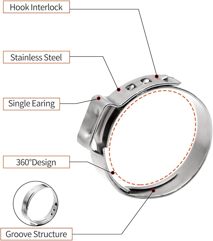 100 Pack 1/2" PEX Cinch Clamps, Stainless Steel Single Ear Hose Clamps - Image 3