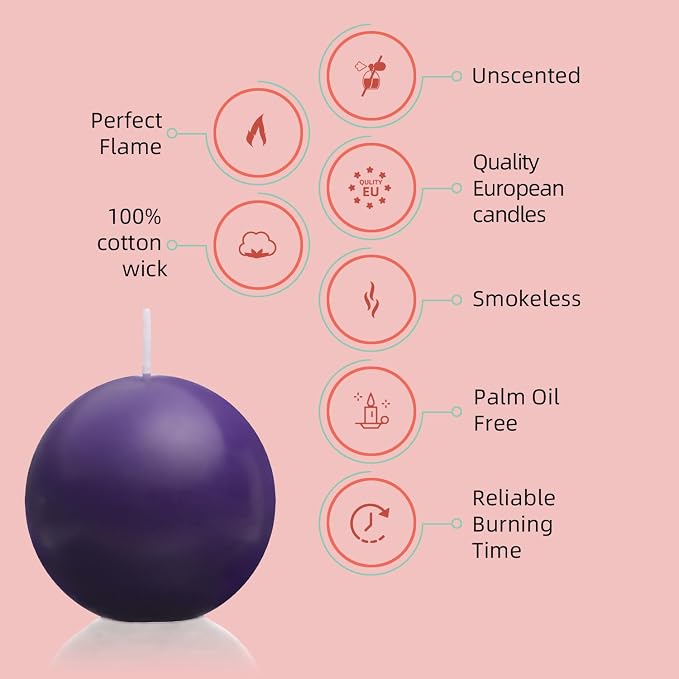 Ball Pillar Candles Set of 3 Purple 3Inch Unscented Handpoured Weddings - Image 3