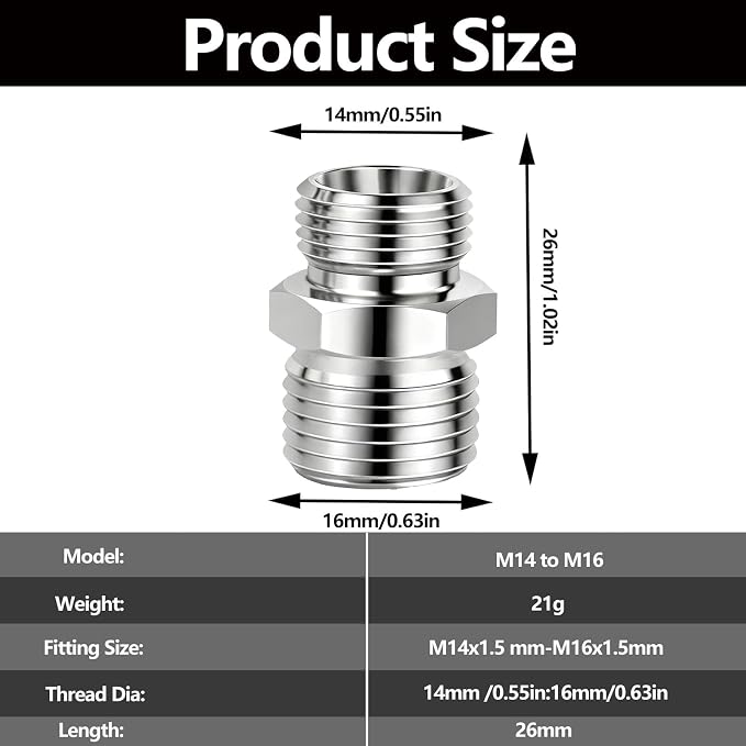2 Pcs M14 to M16 stainless steel adapter fittings, suitable - Image 2
