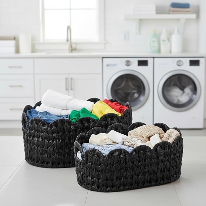 Coeusy Wicker Scalloped Basket Set of 2, Woven Storage Baskets - Image 5