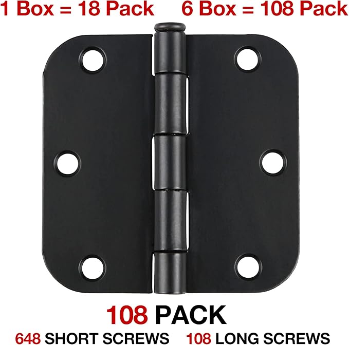 TDCHINGES Rounded Door Hinges Matte Black 3.5" 5/8" US Standard 108 Pack | - Image 2