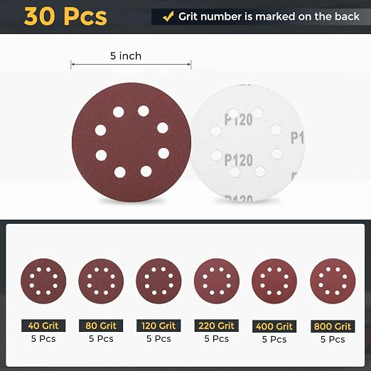 HARFINGTON 30Pcs 5Inch Sanding Disc 8 Hole Hook and Loop Sandpaper Red | - Image 2