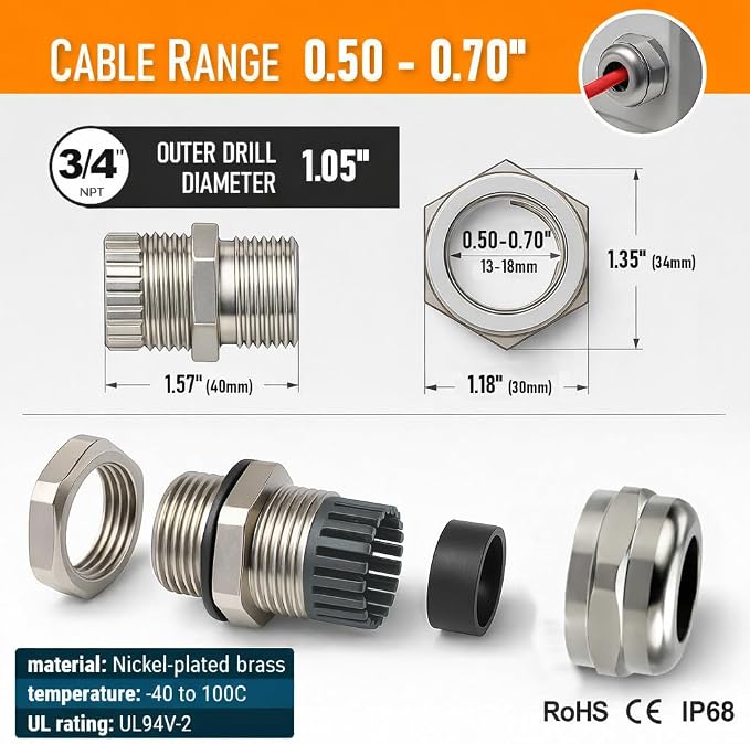 3/4" NPT Brass Cable Gland, Metal Cord Grip Strain Relief - Image 5