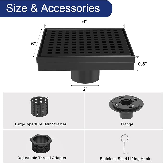 6 Inch Matte Black Square Shower Drain - Image 2