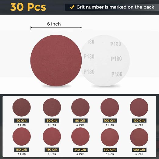 HARFINGTON 30Pcs 6Inch Sanding Disc Hook & Loop Sandpaper Aluminum Oxide | - Image 2