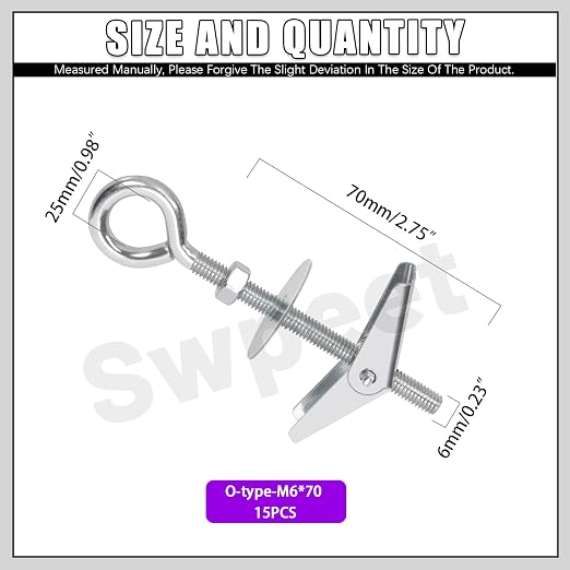 Swpeet 15 Set M6×70mm Eye Bolt Toggle Bolts and Wing Nut Kit - Image 2