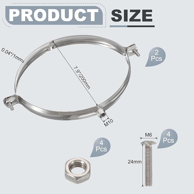 HARFINGTON 2pcs 201 Stainless Steel 7.9"/200mm Split Ring Pipe Hanger Pipe - Image 2