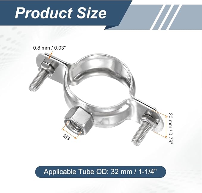 HARFINGTON 8 Pcs Adjustable Pipe Bracket Clamps 1-1/4" Stainless Steel Wall - Image 2