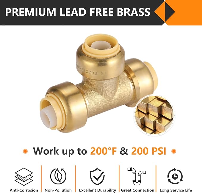 200PC HeSun 1/2" Pushfit Tee, Push to Connect Plumbing Fittings | Brass - Image 3